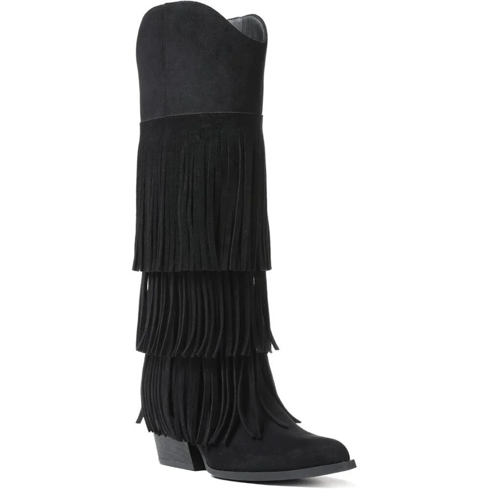 Women Retro Pointed Faux Suede Black Fringe Knee High Western Cowgirl Boot